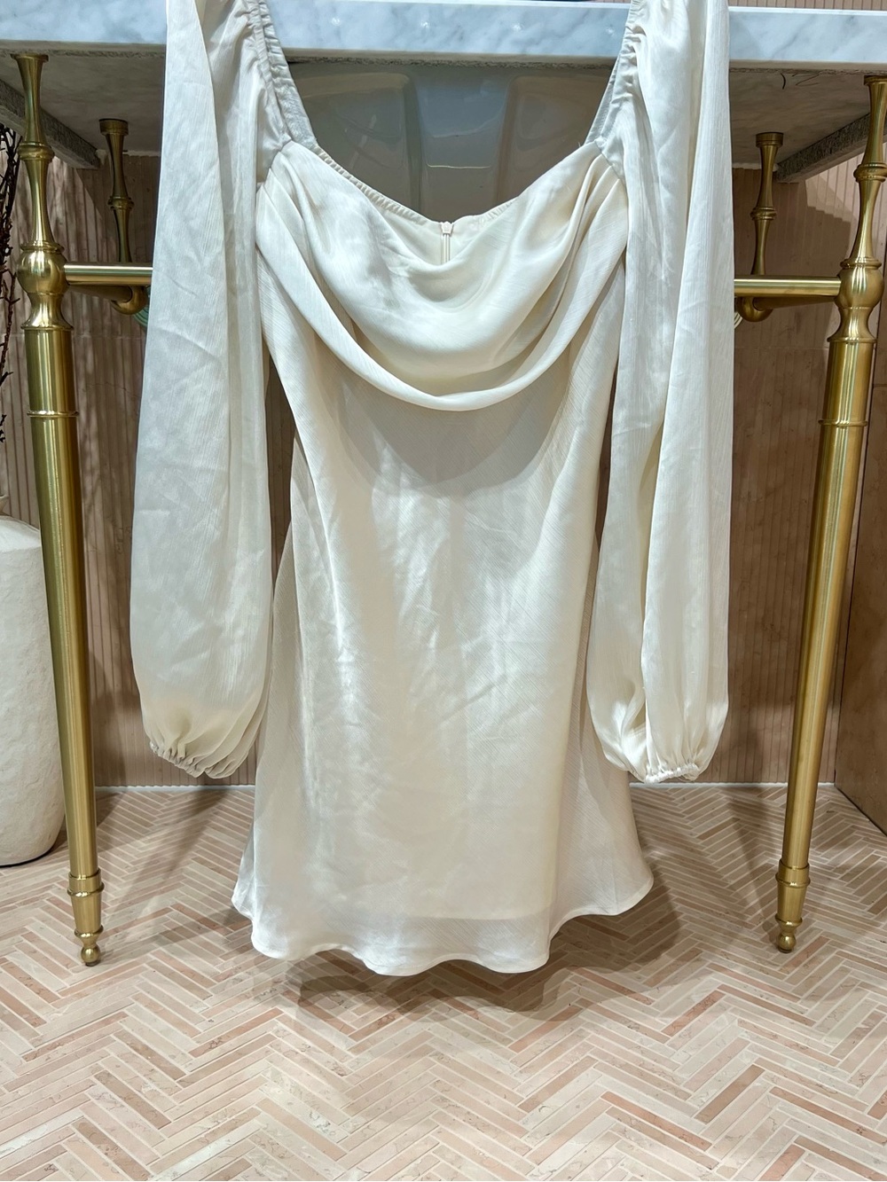 Hello Molly Ivory Satin Cowl-Neck Mini Slip with Long Puff Sleeves